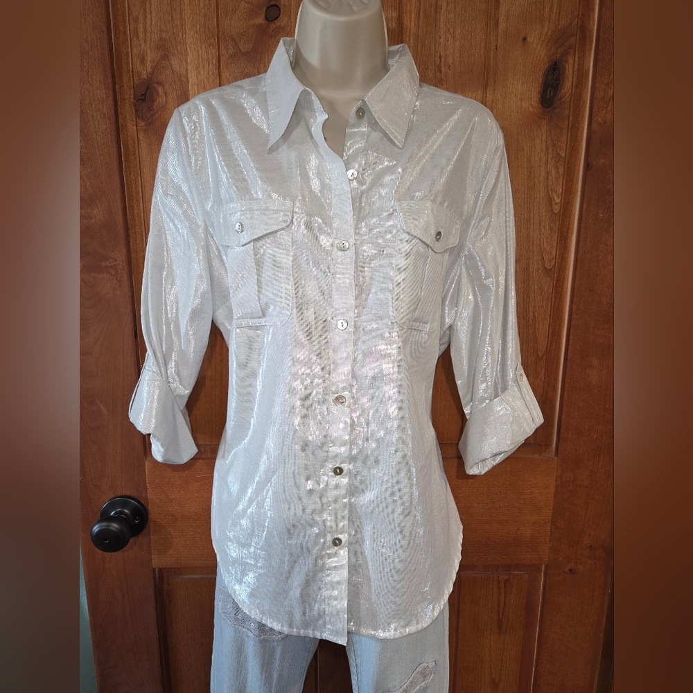 Ruby‎ Rd. White Metallic Button Down Shirt